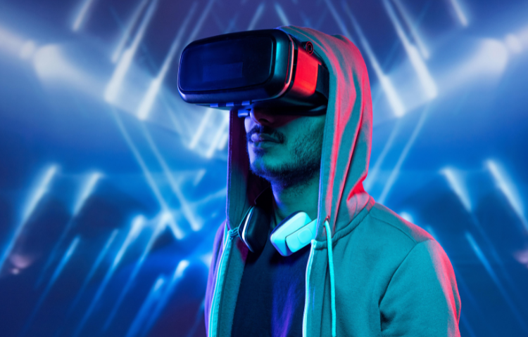 Man wearing VR headset exploring the metaverse.